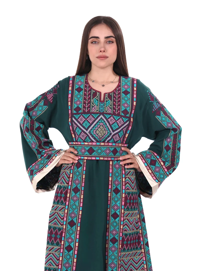 AL BENT AL SHARQIEH Dark Green Women jalabiya dress- Embroidered Belted Kaftan Abaya for Women | Best Price UAE