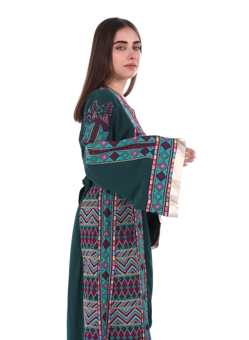 AL BENT AL SHARQIEH Dark Green Women jalabiya dress- Embroidered Belted Kaftan Abaya for Women | Best Price UAE