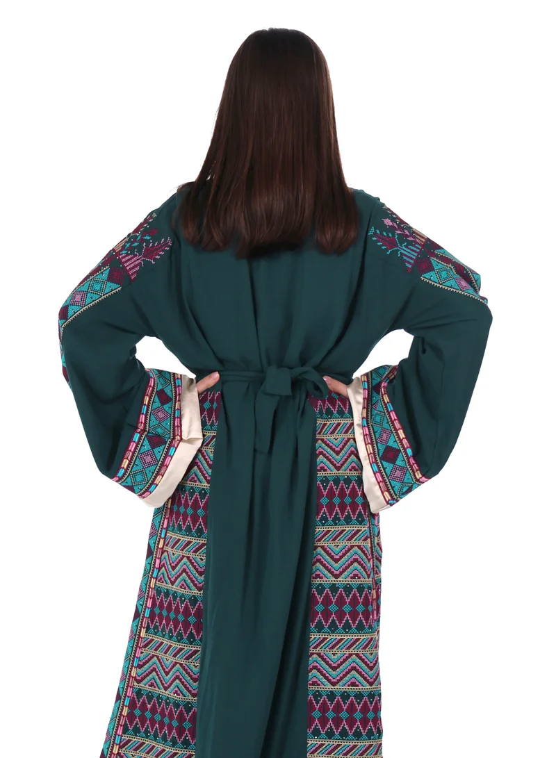 AL BENT AL SHARQIEH Dark Green Women jalabiya dress- Embroidered Belted Kaftan Abaya for Women | Best Price UAE