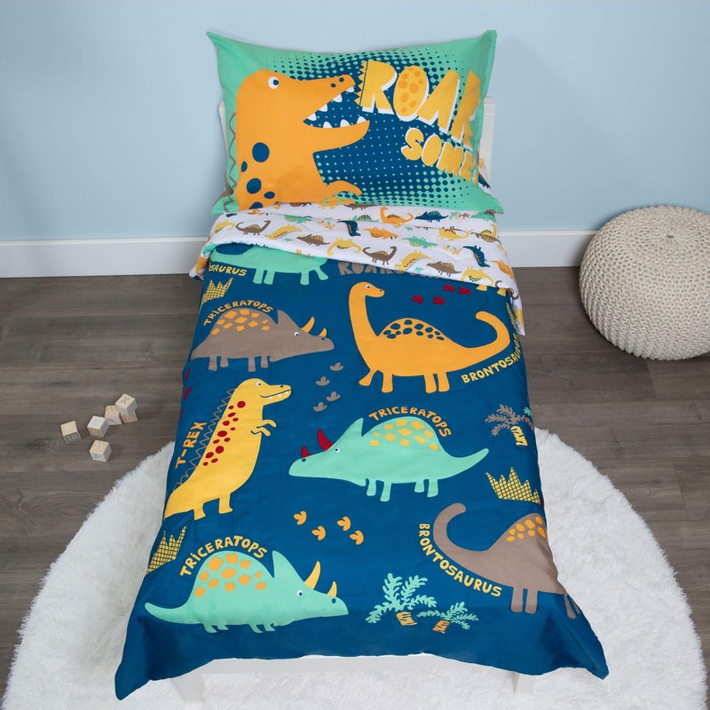 Baby Boom Baby Boom Funhouse Dinosaur Roarsome 4 Piece Toddler Bedding Set Includes Comforter Sheet Set Fitted Top Sheet Reversible Pillowcase for Boys Bed Blue