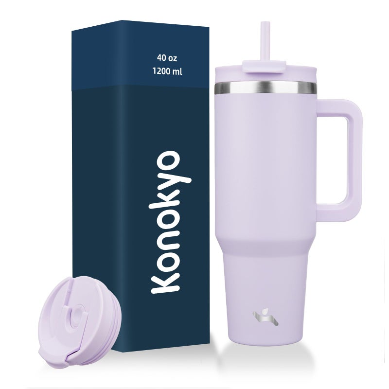 Konokyo 40 oz Tumbler with Handle and 2 Straws,2 in 1 Lid Insulated Water Bottle Stainless Steel Travel Coffee Mug,Wisteria - Image 1