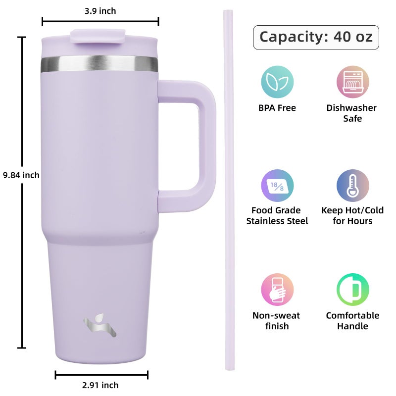 Konokyo 40 oz Tumbler with Handle and 2 Straws,2 in 1 Lid Insulated Water Bottle Stainless Steel Travel Coffee Mug,Wisteria - Image 4