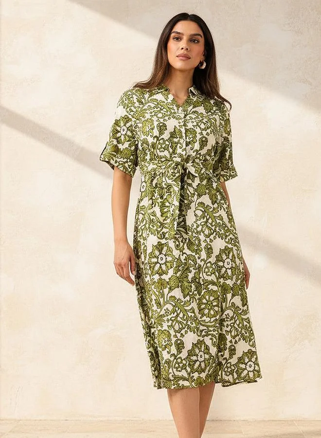 Splash FAV Belted Midi Shirt Dress with Printed Design