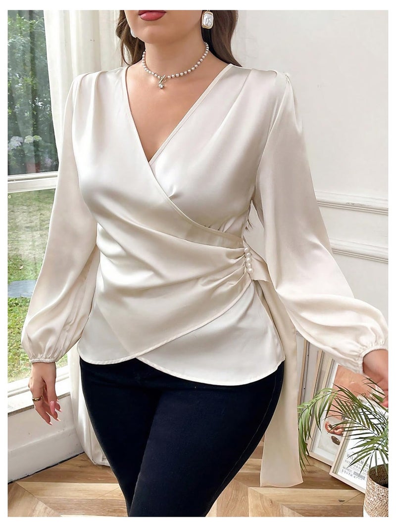 Floerns Women's Plus Size Satin Asymmetrical Wrap Tops Ruched V Neck Long Sleeve Blouses Apricot 3X-Large Plus - Image 4