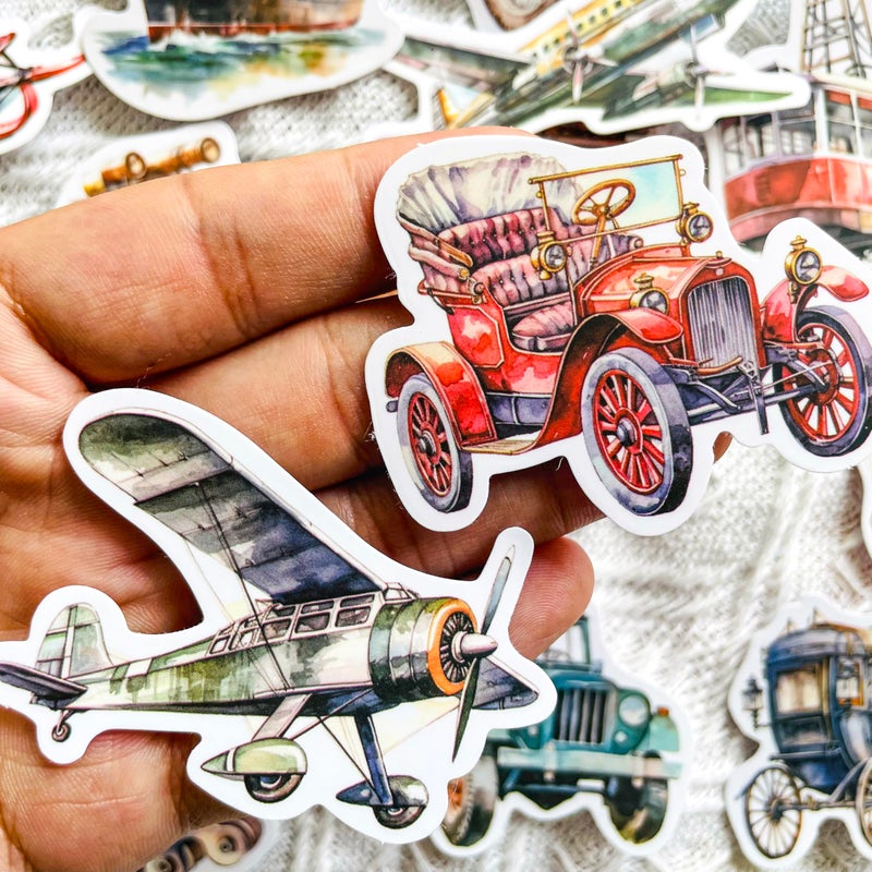 PIGBIT 50 Pcs Vintage Transportation Stickers Set, Retro Watercolor Vehicle Decals for Scrapbook Journal Laptop Luggage, Classic Car Motorcycle Airplane Ship Train Stickers for Crafts and Decoration - Image 4