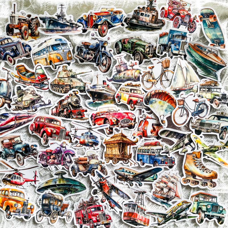 PIGBIT 50 Pcs Vintage Transportation Stickers Set, Retro Watercolor Vehicle Decals for Scrapbook Journal Laptop Luggage, Classic Car Motorcycle Airplane Ship Train Stickers for Crafts and Decoration - Image 1