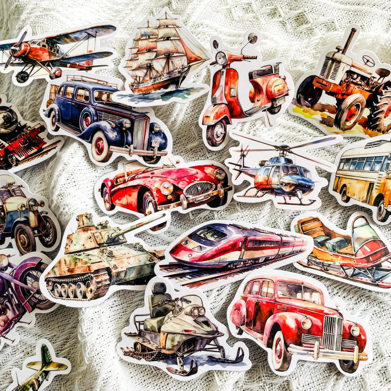 PIGBIT 50 Pcs Vintage Transportation Stickers Set, Retro Watercolor Vehicle Decals for Scrapbook Journal Laptop Luggage, Classic Car Motorcycle Airplane Ship Train Stickers for Crafts and Decoration - Image 2