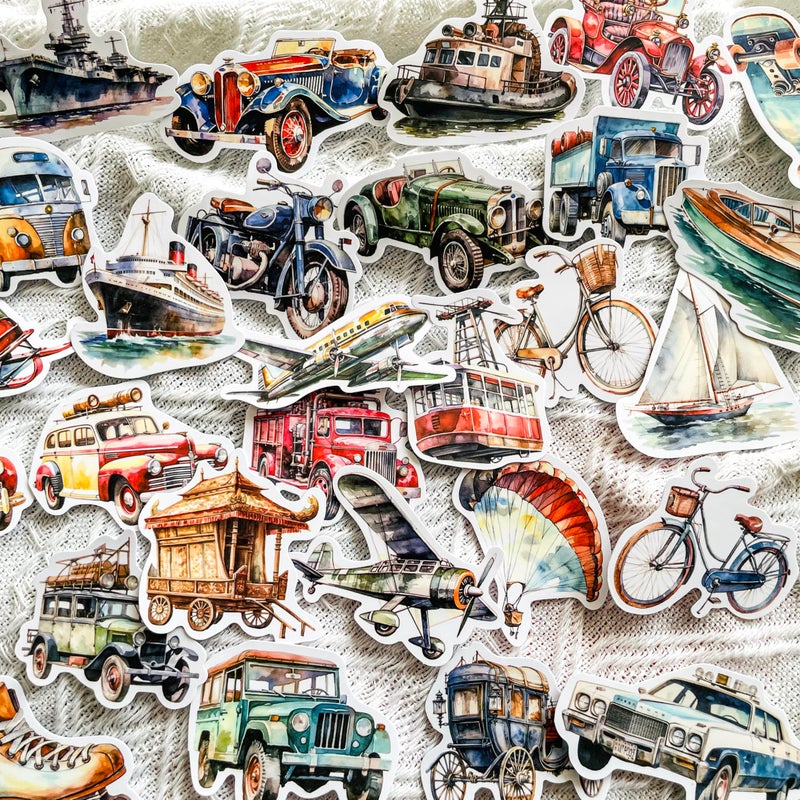 PIGBIT 50 Pcs Vintage Transportation Stickers Set, Retro Watercolor Vehicle Decals for Scrapbook Journal Laptop Luggage, Classic Car Motorcycle Airplane Ship Train Stickers for Crafts and Decoration - Image 3