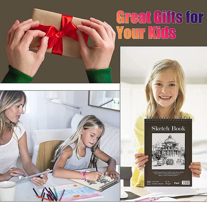 Fuxi دفتر رسم 9 × 12 بوصة، دفتر رسم حلزوني علوي، 4 عبوات 100 ورقة لكل منها (68 رطل/100 جرام)، دفتر رسم فني خالي من الحمض للرسم والكتابة للأطفال والبالغين والمبتدئين والفنانين - Image 5
