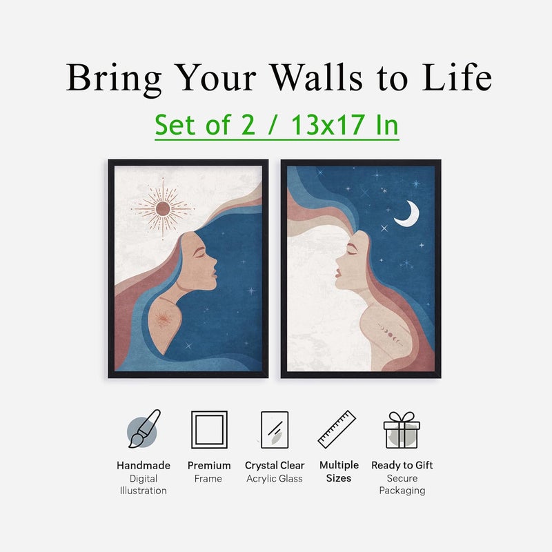 QUOTE - UNQUOTE ART Framed Art - Set of 2 - Women of Color - Moon and Sun - Beautiful Women - 34x44 cm - Black Frame - Image 2