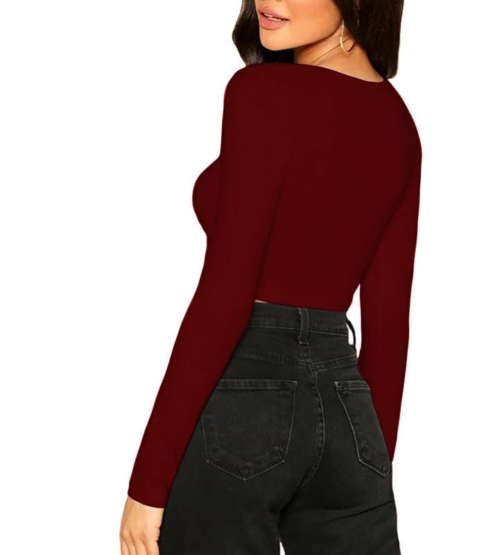 JOVO Readymade Cotton Fitted Saree Blouse for Women Full Sleeve Square Round U Neck Regular fit Stretchable Pullon Western Stylish Crop Top NJ17 1059 XL MRN Wine - Image 2