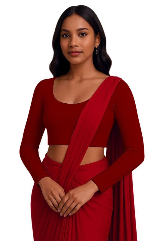 JOVO Readymade Cotton Fitted Saree Blouse for Women Full Sleeve Square Round U Neck Regular fit Stretchable Pullon Western Stylish Crop Top NJ17 1059 XL MRN Wine - Image 3