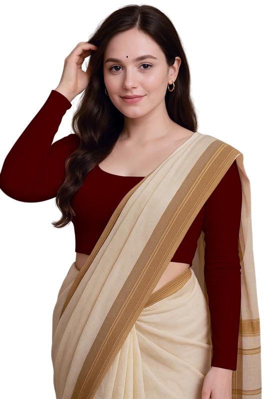 JOVO Readymade Cotton Fitted Saree Blouse for Women Full Sleeve Square Round U Neck Regular fit Stretchable Pullon Western Stylish Crop Top NJ17 1059 XL MRN Wine - Image 1