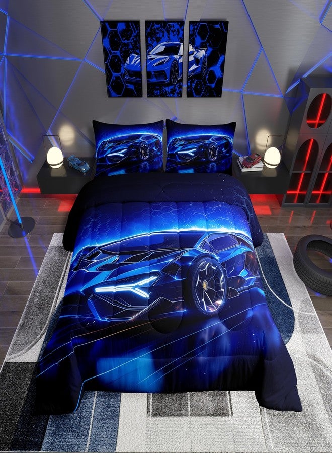 Feelyou Kids Boys Sports Car Comforter Set Twin Size Blue Race Car Comforter for Kids Teens Room Decor Extreme Sports Theme Bedding Set Cool Speed Luxury Car Decor Quilt Set Soft for All Season - Image 1