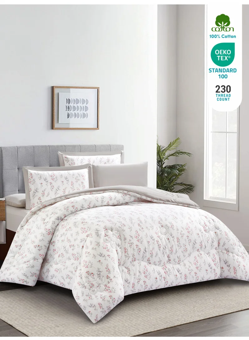 Donetella Cotton 6-Piece King Comforter Bedding Set Fits 200x200 cm – 350 GSM Filling with Fitted Sheet, Pillow Shams & Pillowcases, Stylish Printed Elegance