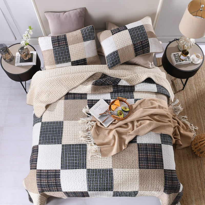 SahSahCasa Quilt King Size, King Quilt Set, 100% Cotton King Quilt Bedding Set Bedspread, Patchwork Farmhouse Quilt, Plaid Lightweight Rustic Quilts Comforter for King Bed, Beige, for All Season - Image 2