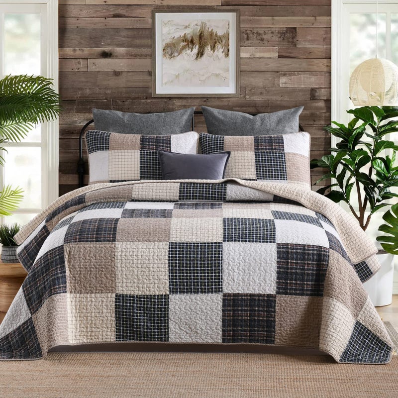 SahSahCasa Quilt King Size, King Quilt Set, 100% Cotton King Quilt Bedding Set Bedspread, Patchwork Farmhouse Quilt, Plaid Lightweight Rustic Quilts Comforter for King Bed, Beige, for All Season - Image 1