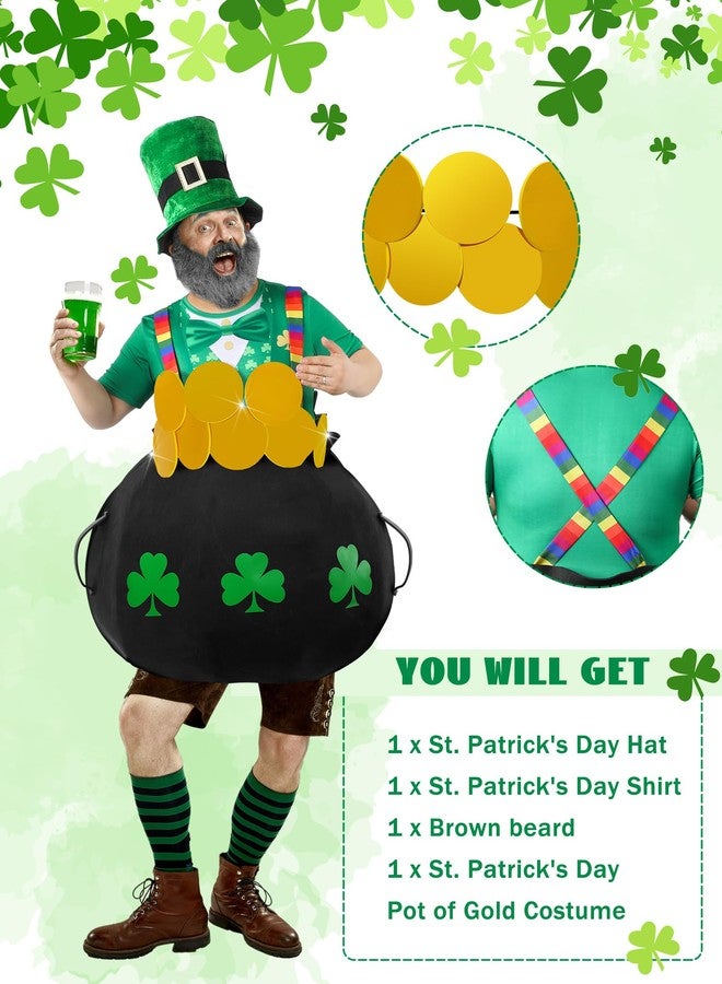 Cuffbow 4 Pcs St. Patrick's Day Costume Suit Pot of Gold Leprechaun Costume Black Cauldron with Rainbow Shoulder Gold Coins Green Shamrock Pot T-shirt Hat Beard Accessory for Irish Cosplay Party Favor - Image 2