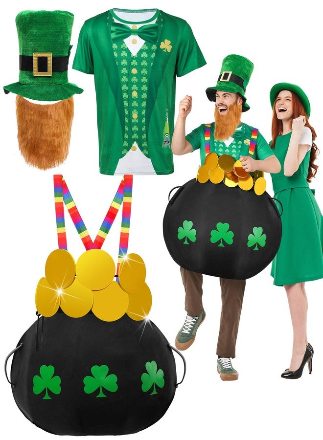 Cuffbow 4 Pcs St. Patrick's Day Costume Suit Pot of Gold Leprechaun Costume Black Cauldron with Rainbow Shoulder Gold Coins Green Shamrock Pot T-shirt Hat Beard Accessory for Irish Cosplay Party Favor - Image 1