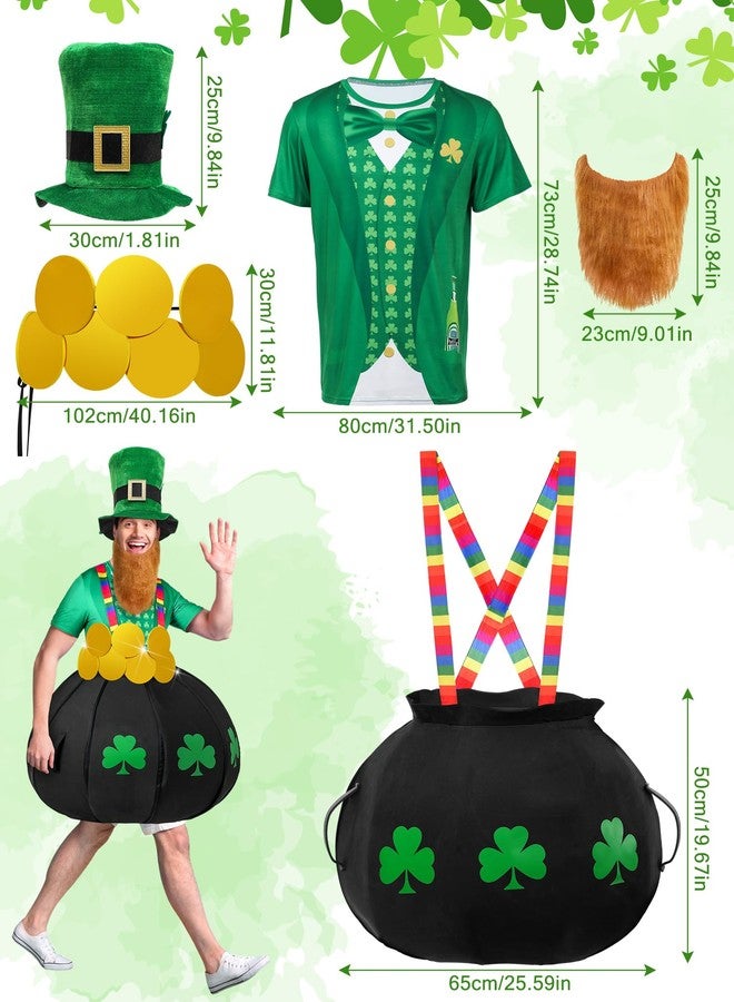 Cuffbow 4 Pcs St. Patrick's Day Costume Suit Pot of Gold Leprechaun Costume Black Cauldron with Rainbow Shoulder Gold Coins Green Shamrock Pot T-shirt Hat Beard Accessory for Irish Cosplay Party Favor - Image 4