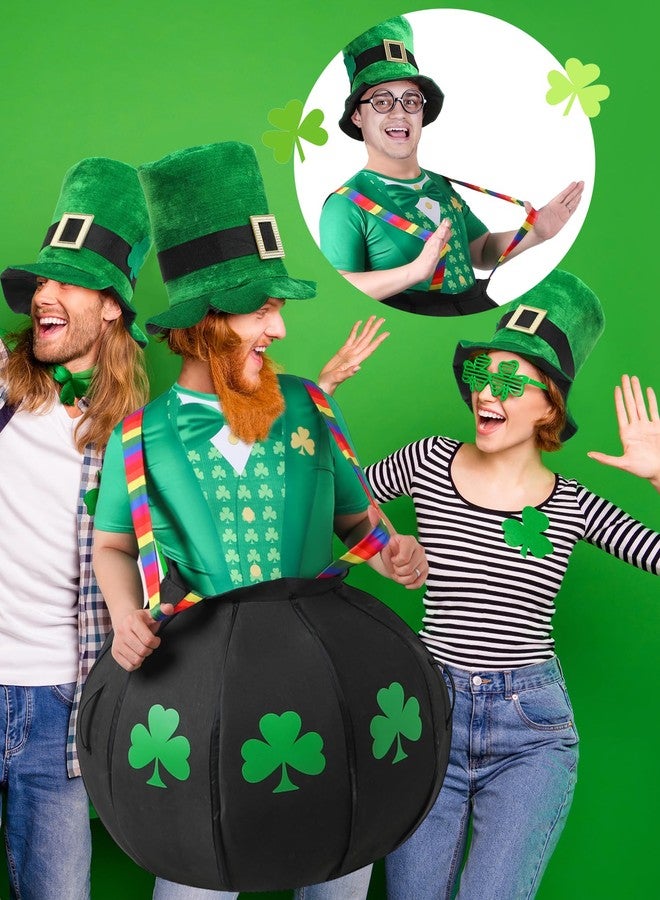 Cuffbow 4 Pcs St. Patrick's Day Costume Suit Pot of Gold Leprechaun Costume Black Cauldron with Rainbow Shoulder Gold Coins Green Shamrock Pot T-shirt Hat Beard Accessory for Irish Cosplay Party Favor - Image 3