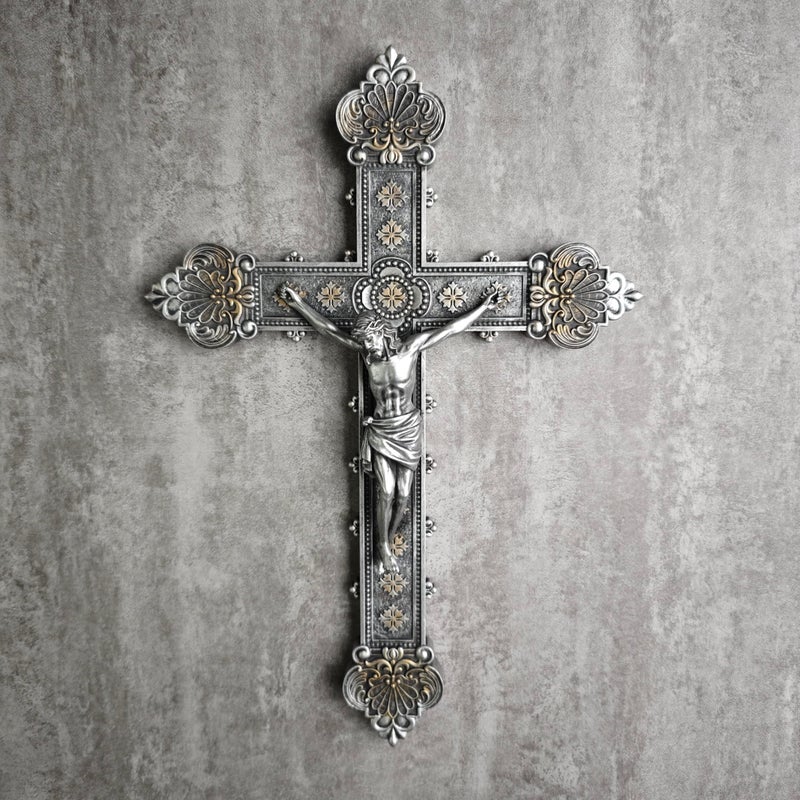BC BUILDCLASSIC BC Catholic Crucifix Wall Cross, 12"H Jesus Christ Home Decor, Religious Gift, Vintage Silver Color Finish, Renaissance Sculpture Hand-painted by Buildclassic - Image 3