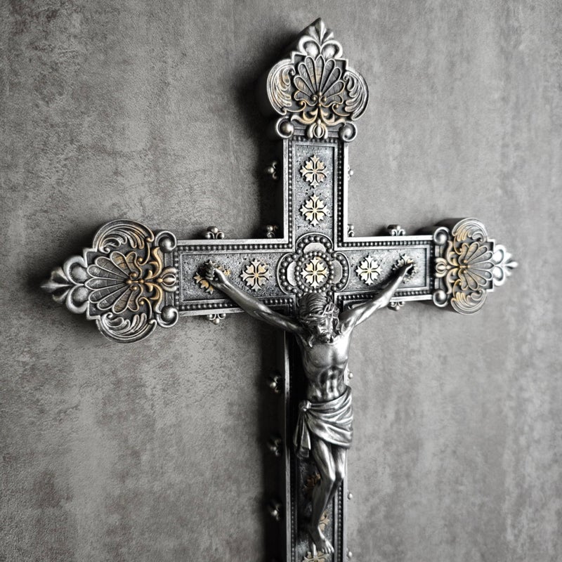 BC BUILDCLASSIC BC Catholic Crucifix Wall Cross, 12"H Jesus Christ Home Decor, Religious Gift, Vintage Silver Color Finish, Renaissance Sculpture Hand-painted by Buildclassic - Image 2