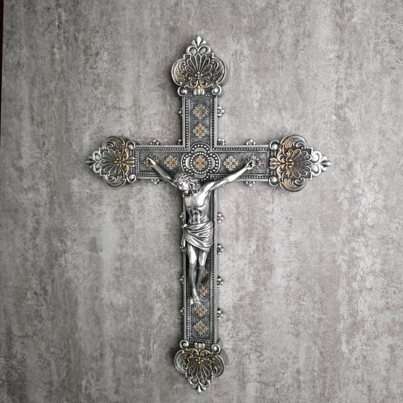 BC BUILDCLASSIC BC Catholic Crucifix Wall Cross, 12"H Jesus Christ Home Decor, Religious Gift, Vintage Silver Color Finish, Renaissance Sculpture Hand-painted by Buildclassic - Image 5