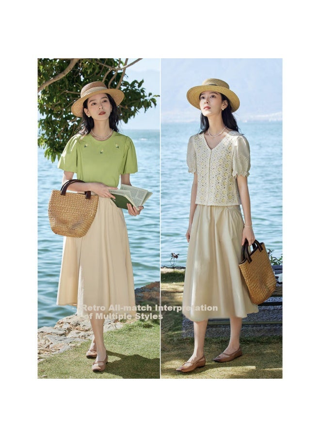Inman Women's Summer Casual Elastic High Waist Loose A-line Midi Skirt Deep Khaki XL - Image 1