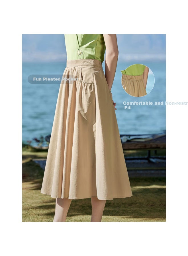 Inman Women's Summer Casual Elastic High Waist Loose A-line Midi Skirt Deep Khaki XL - Image 2