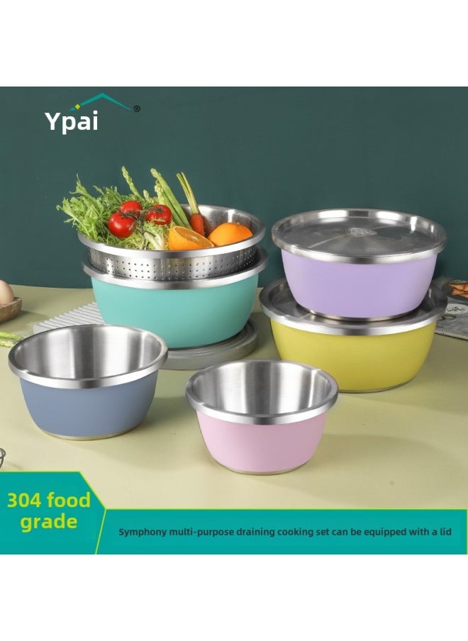 Generic - 304 Stainless Steel Colorful Cooking Basin With Lid Salad Basin Baking And Noodle Egg Bowl Baby Washing Bottle Draining Basin-规格:304料理盆+漏盆-24CM-芋泥紫-颜色:默认项 - Image 1