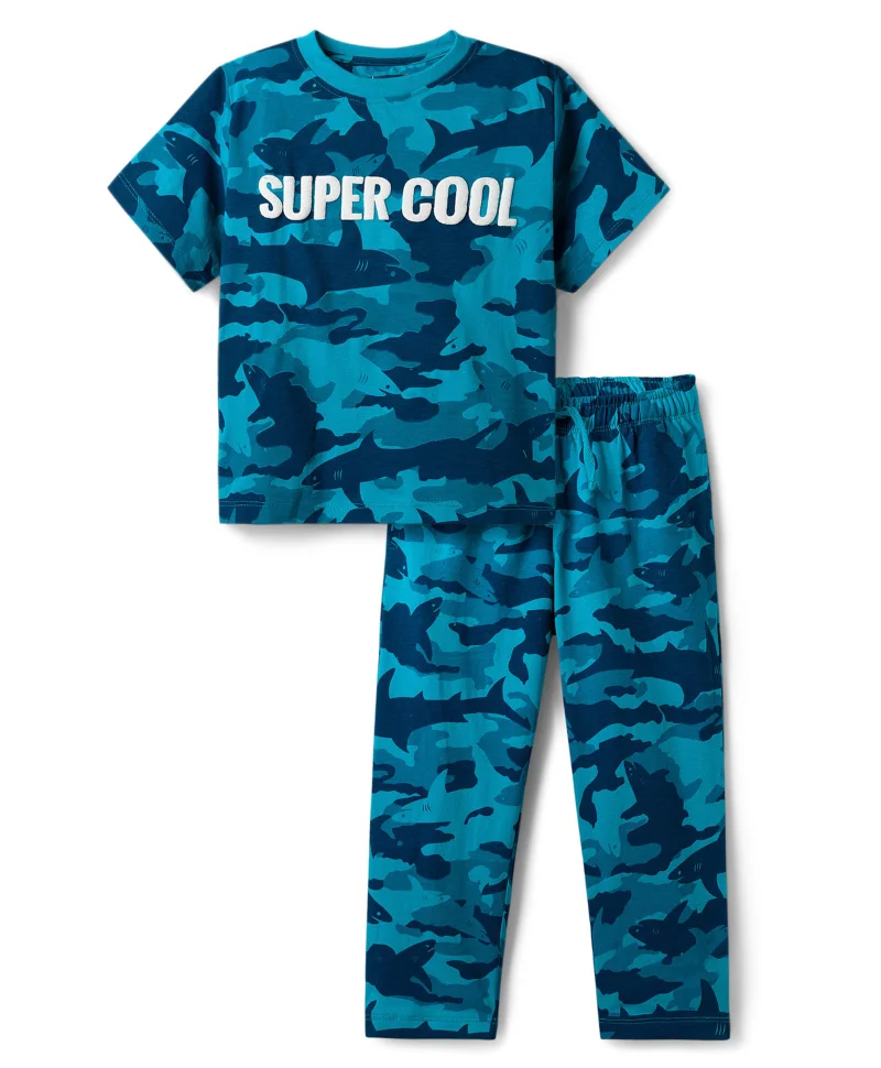 Pine Kids Pine Kids Cotton Knit Half Sleeves Night Suit With Super Cool Print - Blue