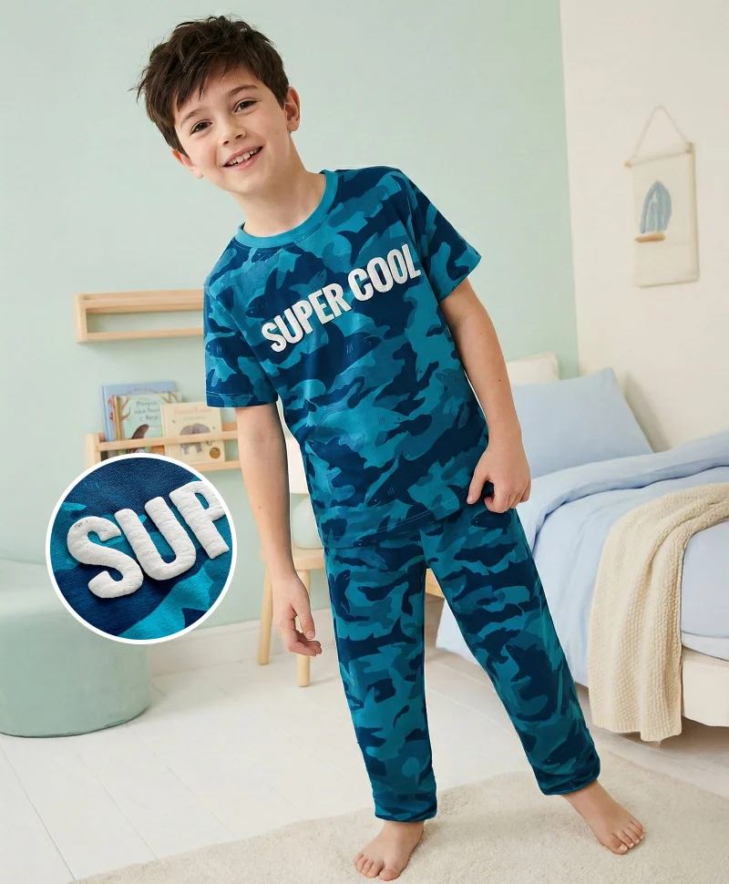 Pine Kids Pine Kids Cotton Knit Half Sleeves Night Suit With Super Cool Print - Blue