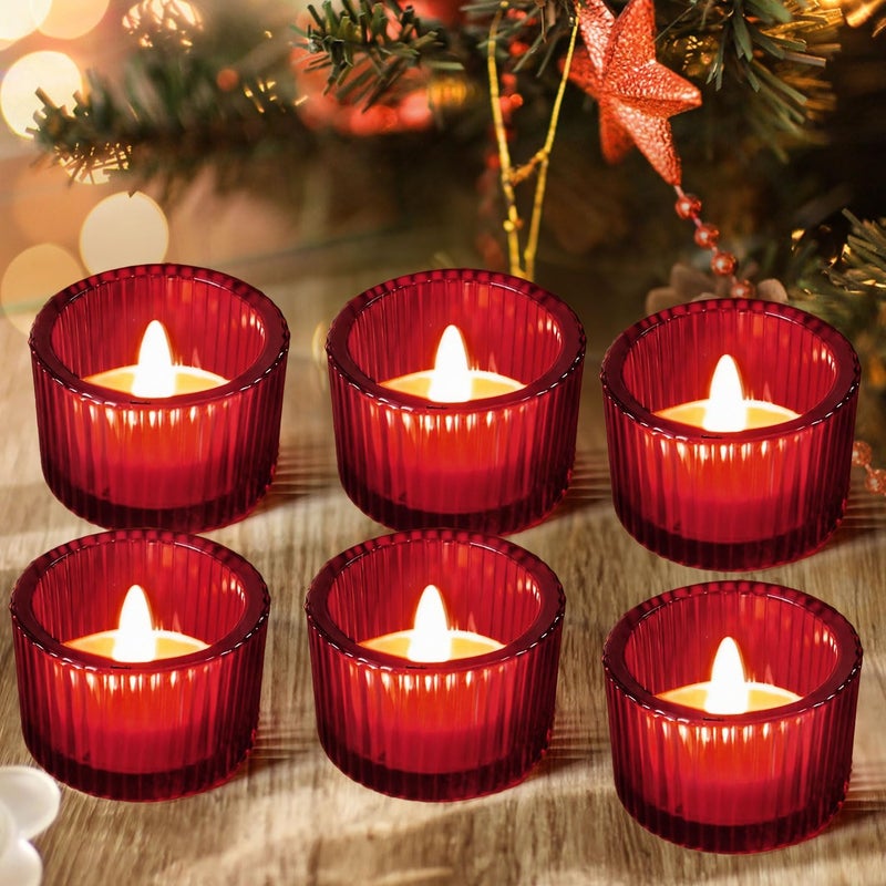 JOYIT Red Votive Candle Holders Bulk Set of 6, Tealight Candle Holder for Wedding Table Centerpiece, Glass Small Candle Holders for Birthday Party, Valentine's Day, Home Decor (2''X 1.4'') - Image 1