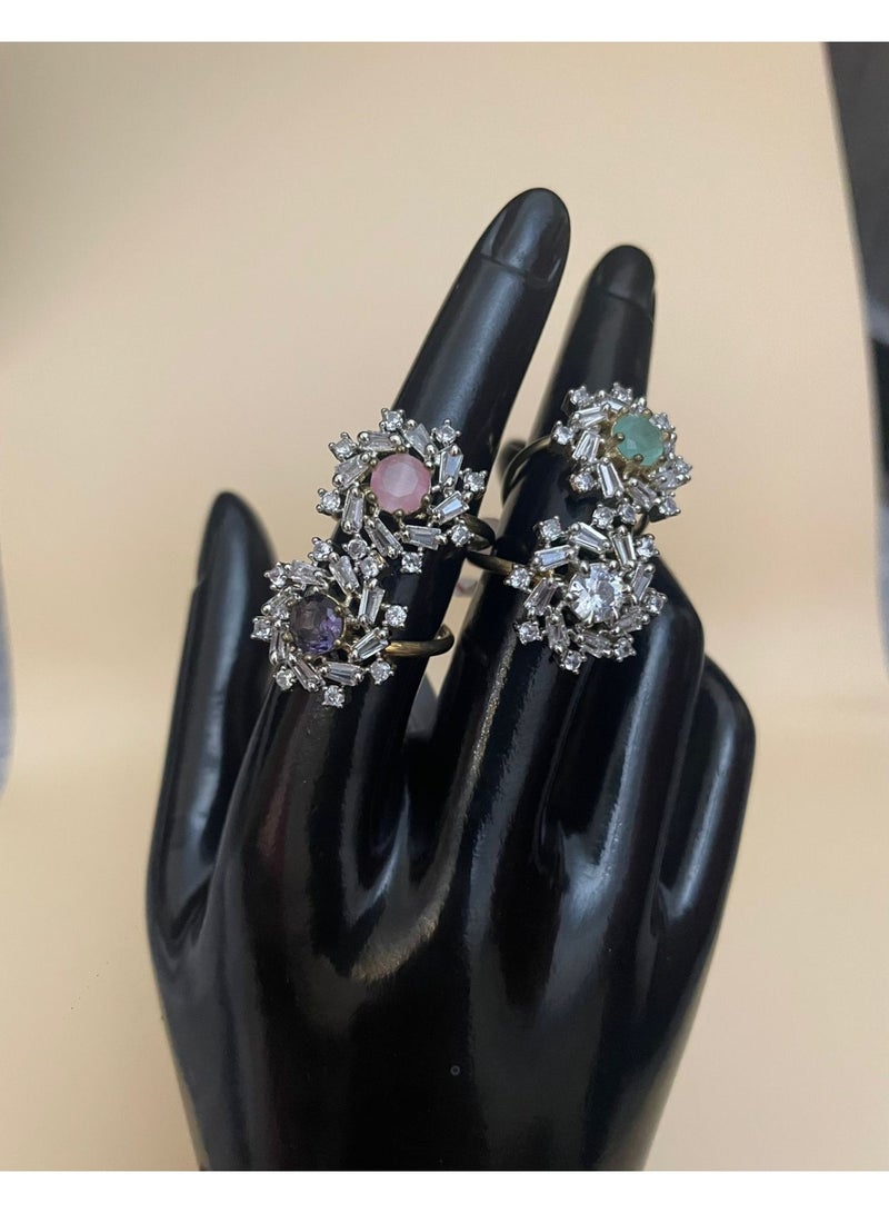 American Diamond Semi-Cocktail Ring, Baguette Stone Design with Multicolour Centres, Adjustable Size  - Image 3