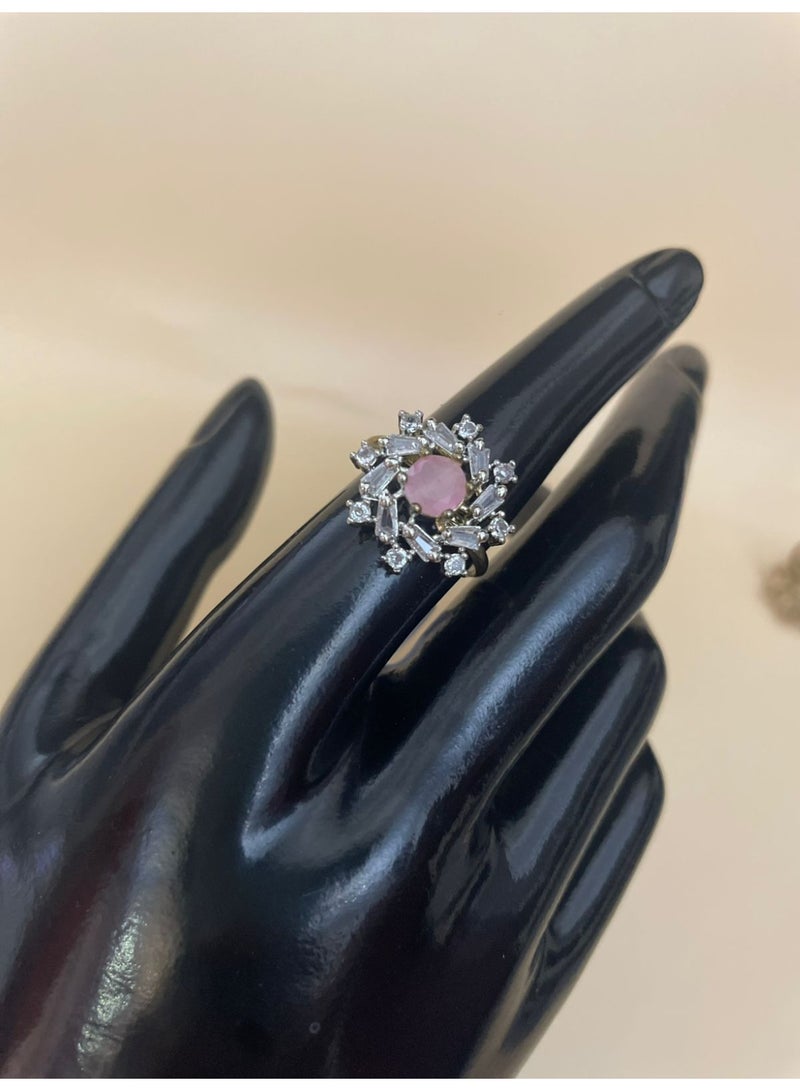 American Diamond Semi-Cocktail Ring, Baguette Stone Design with Multicolour Centres, Adjustable Size  - Image 5