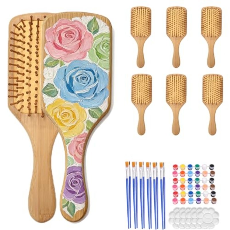 6/8Sets Wooden Hairbrushes to Paint, DIY Bamboo Hairbrush Painting Kits, Hand-Painted Hairbrush for Scalp Massage, Bridal Shower, Craft Party, Birthday Gifts, with Paint Brush and Palette 6 - Image 1