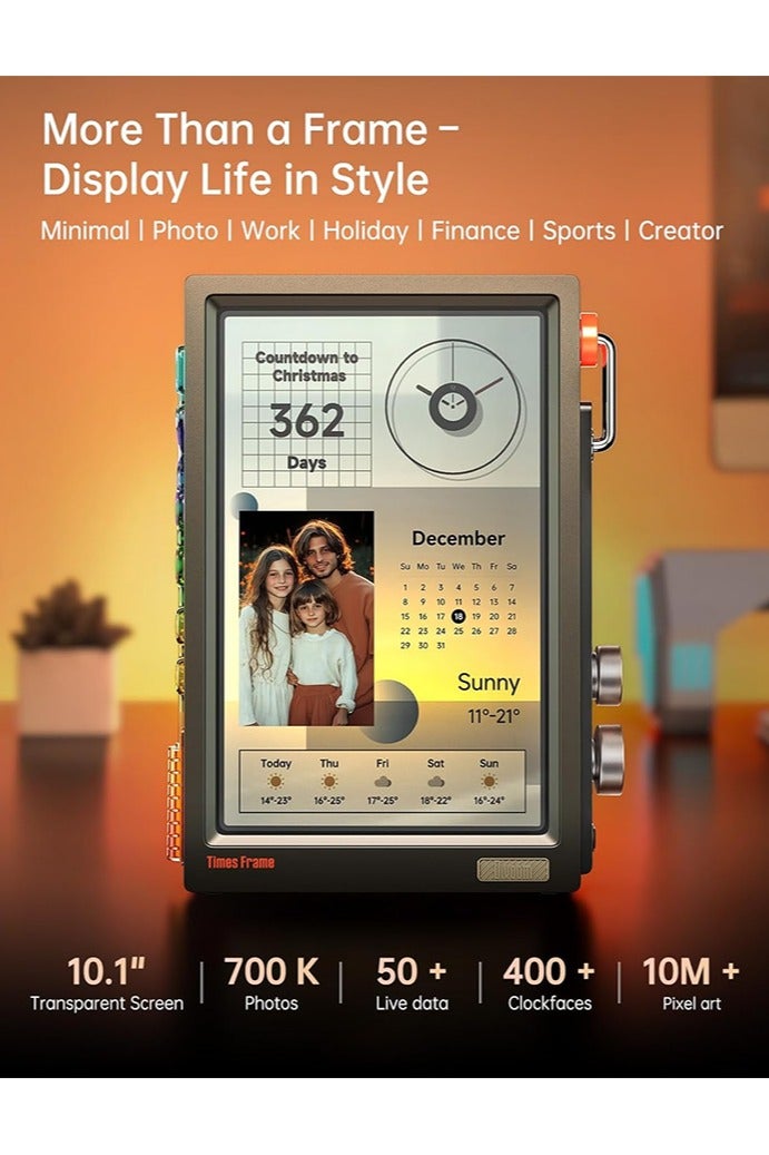 Divoom Times Frame-10.1" Digital Picture Frame Transparent IPS Smart Linux OS with RGBLED Rotary Knob WiFi 64GB 400+Clock Faces Widget 50+API Feeds Gift Mode Pixel Art Community Personalized Display