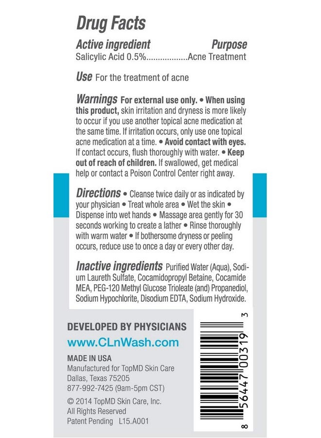 cln Ln® Acne Cleanserthe Only Facial Cleanser With 0.5% Salicylic Acid Preserved With Sodium Hypochlorite For Clarifying Skin From Blackheads & Breakouts Oilfree & Fragrancefree 3.4 Fl. Oz. - Image 4