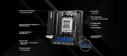 ASRock A620AI WiFi AMD AM5 Mini-ITX Motherboard, Supports AMD Ryzen 9000/8000/7000 Series Processors, DDR5 8200+ (OC), PCIe 4.0, Dual LAN, WiFi 6E, 8+2+1 Power Phase - Image 2