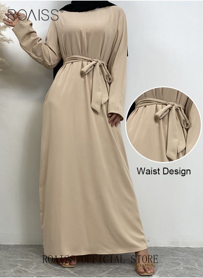 roaiss Abaya Style Robe with Solid Color Design Belt Waist Design Women Daily Casual All Match Long Skirt Commuter Long Skirt  - Image 3