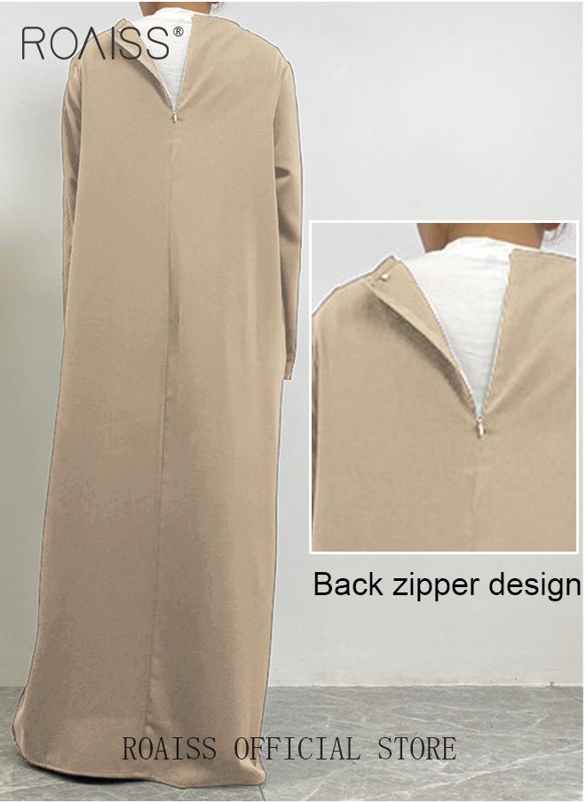 roaiss Abaya Style Robe with Solid Color Design Belt Waist Design Women Daily Casual All Match Long Skirt Commuter Long Skirt  - Image 4