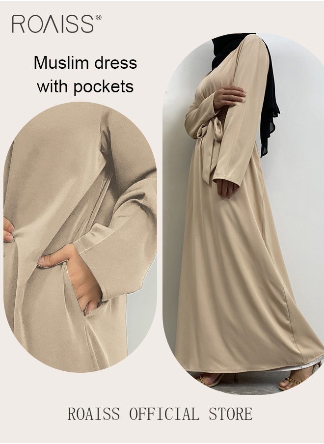 roaiss Abaya Style Robe with Solid Color Design Belt Waist Design Women Daily Casual All Match Long Skirt Commuter Long Skirt  - Image 2