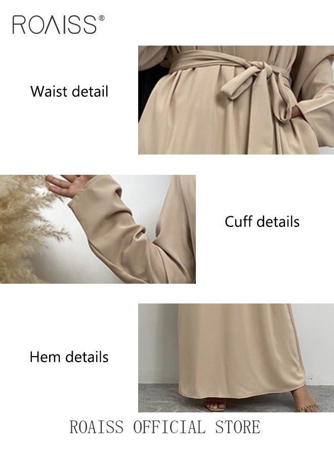 roaiss Abaya Style Robe with Solid Color Design Belt Waist Design Women Daily Casual All Match Long Skirt Commuter Long Skirt  - Image 5
