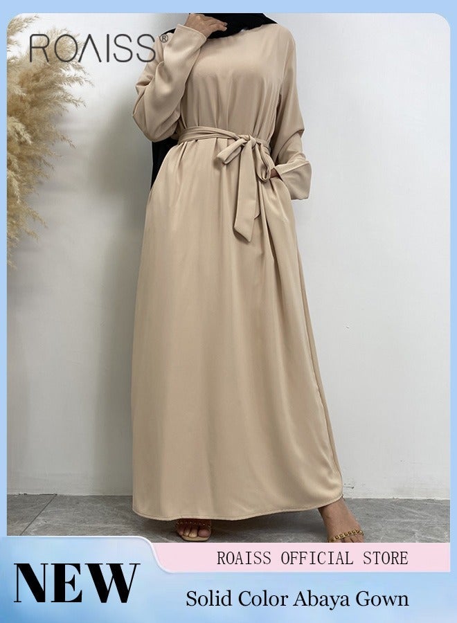 roaiss Abaya Style Robe with Solid Color Design Belt Waist Design Women Daily Casual All Match Long Skirt Commuter Long Skirt - Image 1