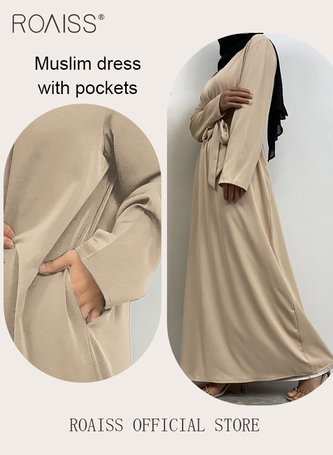 roaiss Abaya Style Robe with Solid Color Design Belt Waist Design Women Daily Casual All Match Long Skirt Commuter Long Skirt - Image 3