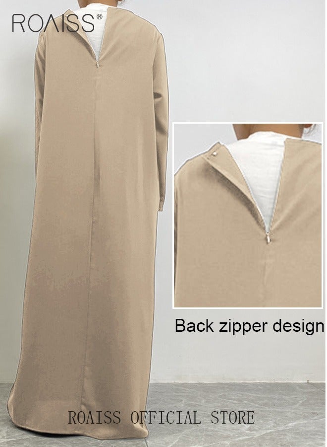 roaiss Abaya Style Robe with Solid Color Design Belt Waist Design Women Daily Casual All Match Long Skirt Commuter Long Skirt - Image 5