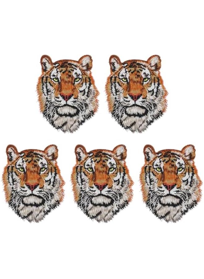 Arabest Set of Five Tiger Head Iron-On Embroidered Patches for Clothing Accessories Including Hats and Backpacks Ideal for Sewing and Repairs Size 3.54 by 2.75 Inches - Image 1