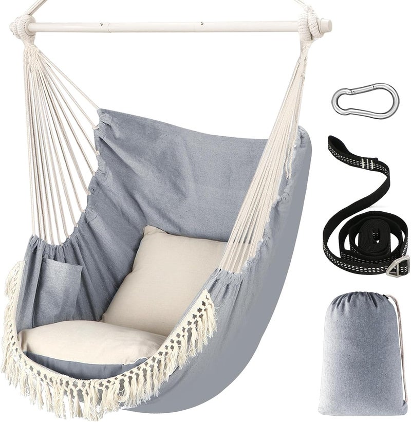 Chihee Hammock Chair Hanging Swing Max 500 Lbs 2 Cushions Included Metal Spreader Bar with Anti-Slip Grooves Portable Hanging Chair Side Pocket Large Macrame Bohemian Chair Indoor Outdoor - Image 1