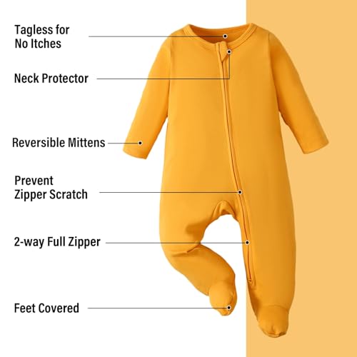 OPAWO Newborn Baby Footie Romper with Mitten Cuffs Double Zipper Jumpsuit Onesie 100% Cotton One-Piece for Boys Girls Newborn-9 Months(Ginger Yellow/Beige/Light Pink, 0-3 Months) - Image 3